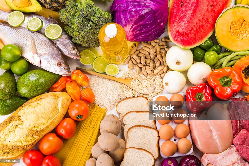 Group of Food Group of healthy food, the shoot includes protein, carbohydrates, good fats, fruits and vegetables. Food Pyramid Stock Photo