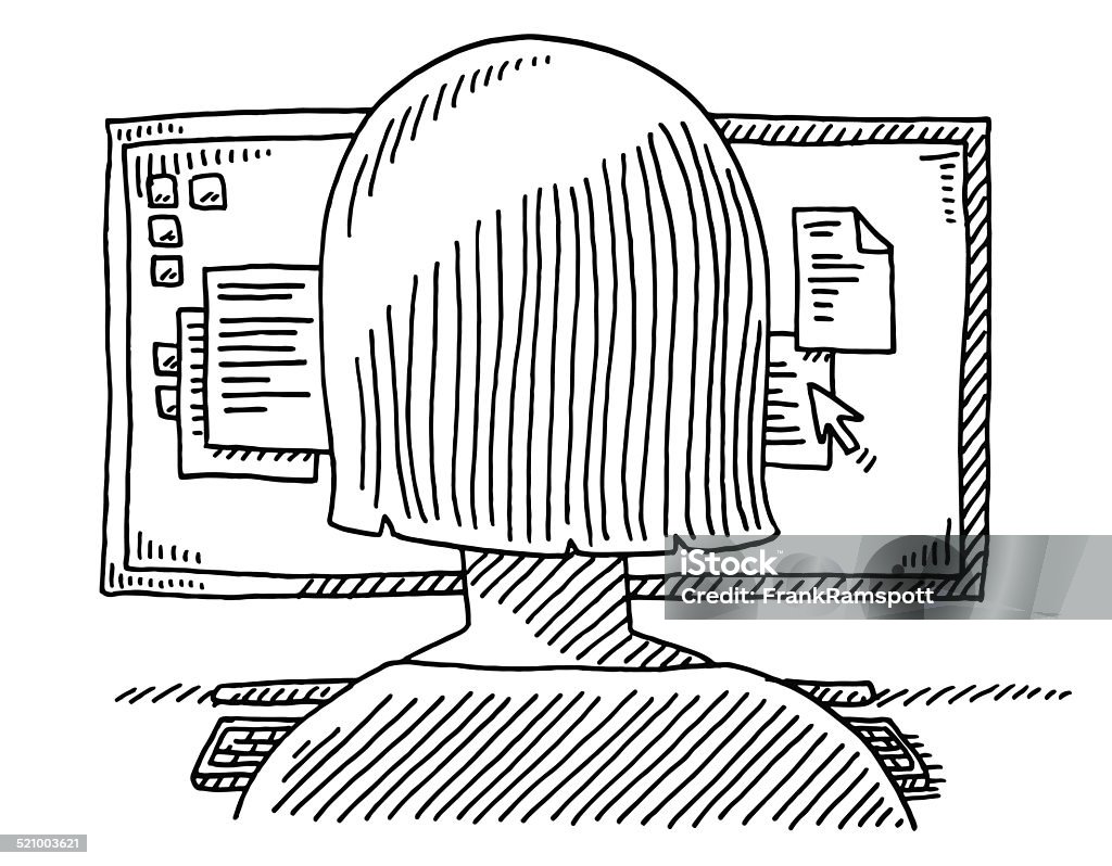 Woman Back Office Work Monitor Drawing Hand-drawn vector drawing of a Woman's Back and a Monitor showing Text Document Files, Office Work. Black-and-White sketch on a transparent background (.eps-file). Included files are EPS (v10) and Hi-Res JPG. Computer stock vector