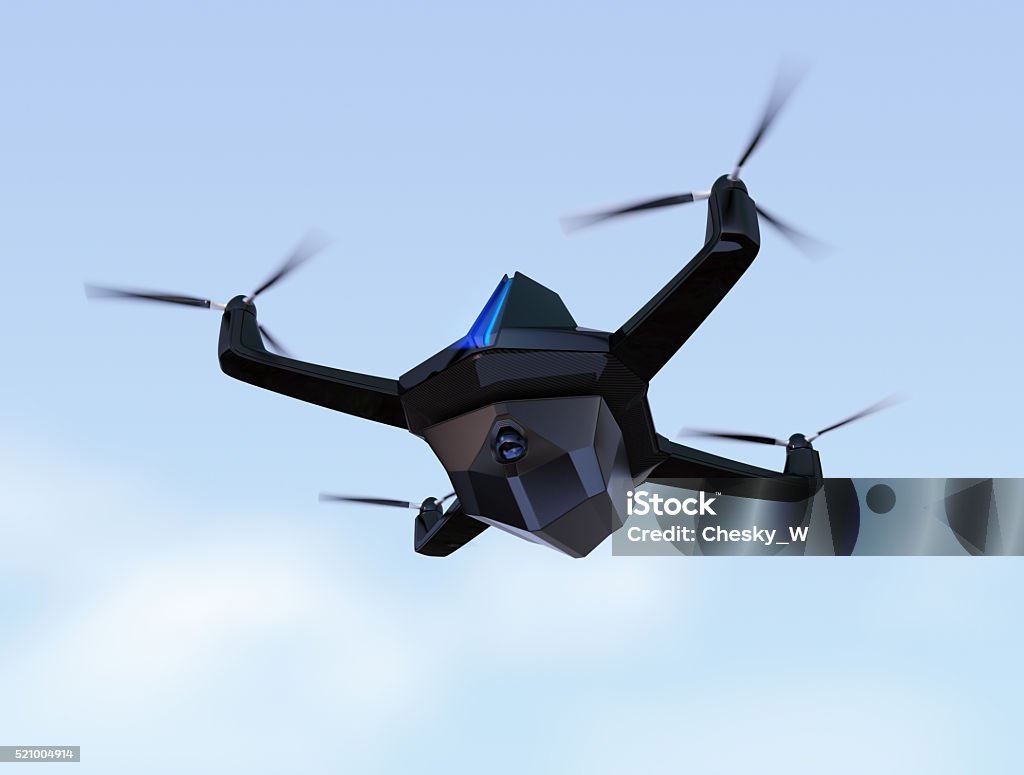 Surveillance drone flying in the sky Stealth drone with high resolution camera unit flying in the sky. 3D rendering image Drone Stock Photo