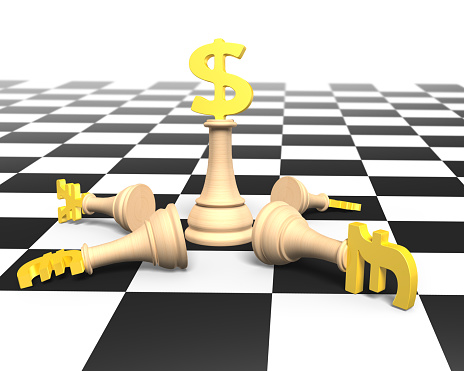Money chess with golden dollar currency king on chessboard, 3D illustration.