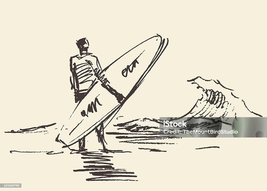 Drawn man sitting beach surfboard vector sketch Hand drawn illustration of young man sitting on the beach with seaview near a surfboard vector illustration sketch Surfing stock vector