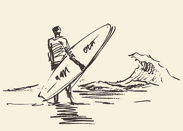 Drawn man sitting beach surfboard vector sketch Hand drawn illustration of young man sitting on the beach with seaview near a surfboard vector illustration sketch beach designs stock illustrations