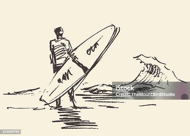 Drawn Man Sitting Beach Surfboard Vector Sketch Stock Illustration - Download Image Now - Surfing, Drawing - Activity, Plan - Document