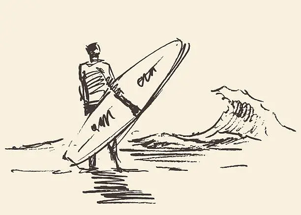 Vector illustration of Drawn man sitting beach surfboard vector sketch