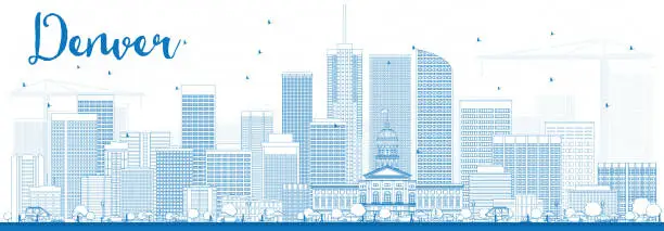 Vector illustration of Outline Denver Skyline with Blue Buildings.