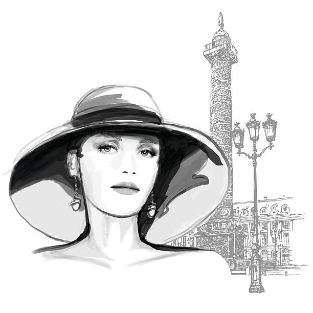 ilustraciones, imágenes clip art, dibujos animados e iconos de stock de mujer joven modelo de moda en parís - architectural feature bronze sketch drawing