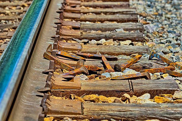 istock Rusty railroad spikes laying on ground in a pile 521016310