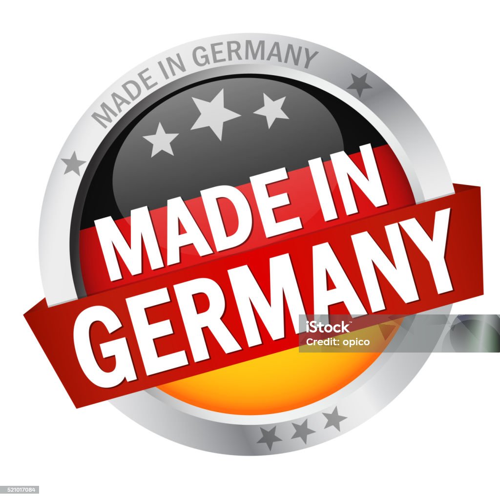 Button with Banner MADE IN GERMANY round button with banner, country flag and text MADE IN GERMANY Badge stock vector
