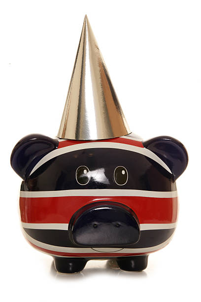 istock Piggy bank wearing silver party hat 521022995