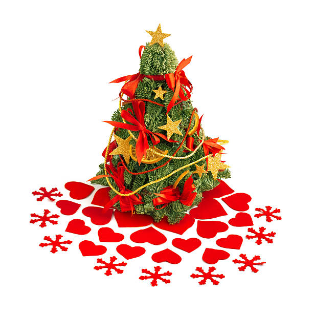 Christmas centerpiece christmas tree and felt decorations on white background felt heart shape small red stock pictures, royalty-free photos & images