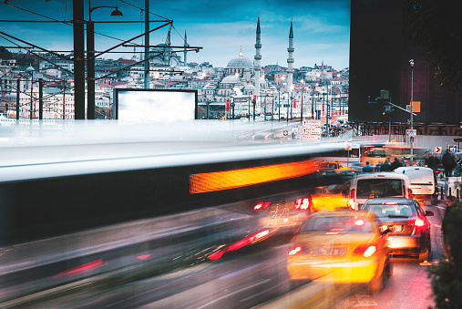 Speed lines of blurred bus Lights at Galata districit in Istanbul, Turkey