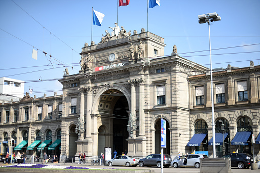 Zurich, Switzerland - April 4, 2016: The Main Hall of Zurichs largest Railway Station located in the Center of the City. It is also one of the largest Train Hub in Europe.