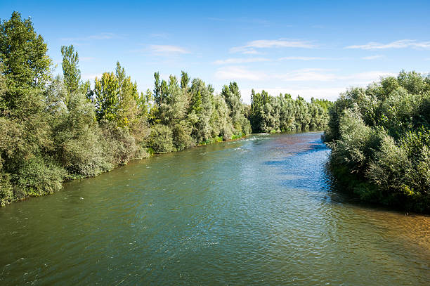 Views of the River Esla on its way through Villanueva de las Manzanas Municipality, in Leon Province, Spain