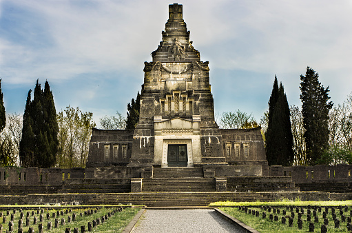 this is an important cemetery, situated in Italy, in a little city called Crespi d'adda, near Bergamo. this monuments seems an aztec temple