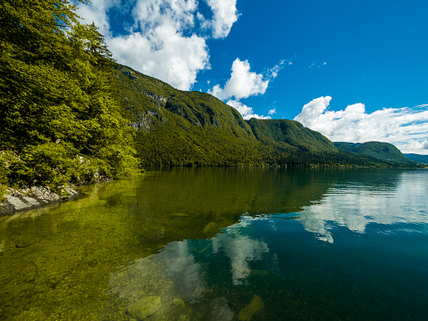 Kayak and canoe at Lake Saiko near Mt. Fuji. The calm water surface is calm and pleasant.