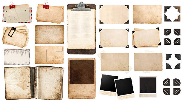 vintage paper sheets, book, old photo frames and corners, antique clipboard isolated on white background.