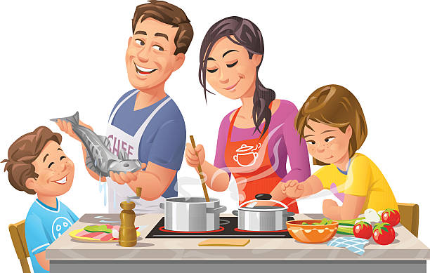 ilustrações de stock, clip art, desenhos animados e ícones de família cozinhar juntos - man eating healthy