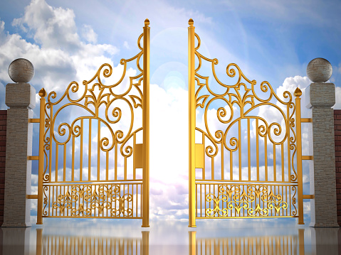 Golden gates opening to heavenly sky background.