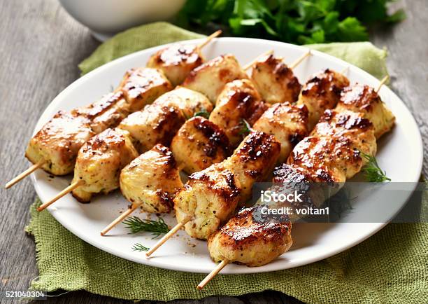 Grilled Chicken On Bamboo Skewers Stock Photo - Download Image Now - Chicken Meat, Kebab, Skewer