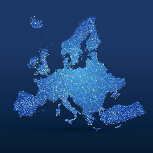 Blue Europe map with connected cities on blue background vector art illustration