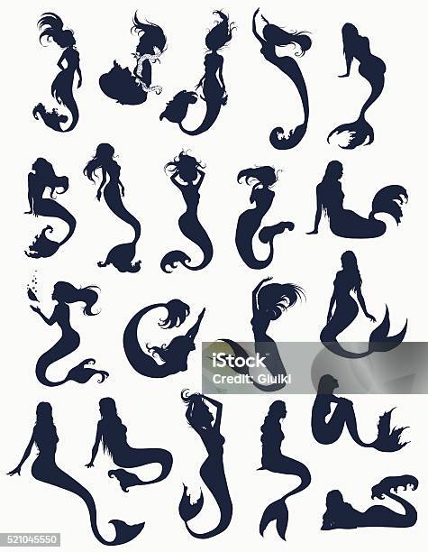 Silhouette Collection Of Mermaids Stock Illustration - Download Image Now - Mermaid, In Silhouette, Vector