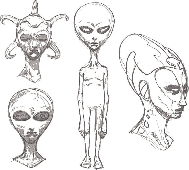 Set of alien portraits. Pencil drawing sketch. Set of alien portraits. Pencil drawing sketch. grey alien stock illustrations