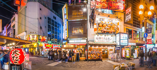 The colourful neon billboards illuminating the restaurants, bars and nightlife of Dotonbori in the heart of Osaka, Japan's vibrant second city. ProPhoto RGB profile for maximum color fidelity and gamut.