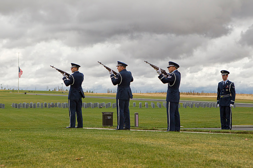 Medical Lake, Washington USA - October 15, 2014: Editorial of the rifle salute at a veterans funeral at Medical Lake Veterans Memorial in Washington.