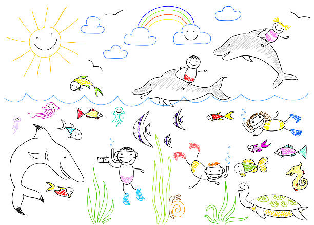 Happy children and sea animals. Sketch on notebook page