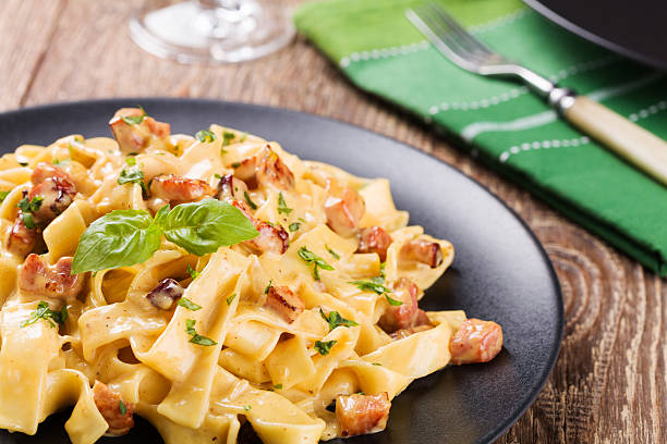istock Pasta Carbonara with bacon, basil and cheese 521048682