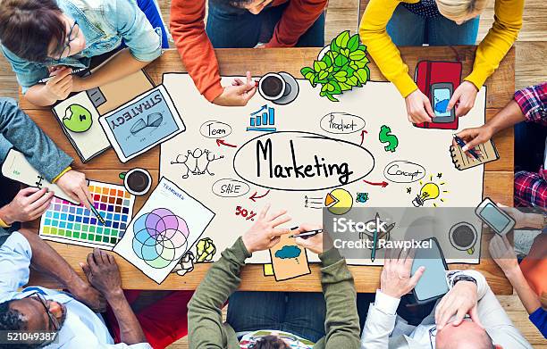 Diverse People Working And Marketing Concept Stock Photo - Download Image Now - Marketing, Aerial View, Brainstorming