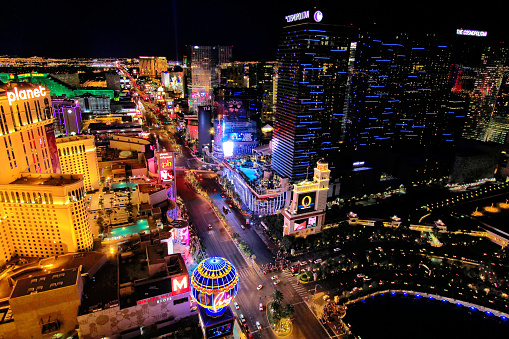 Las Vegas, USA - March 18, 2013: Aerial view of Las Vagas strip at night, Nevada, USA