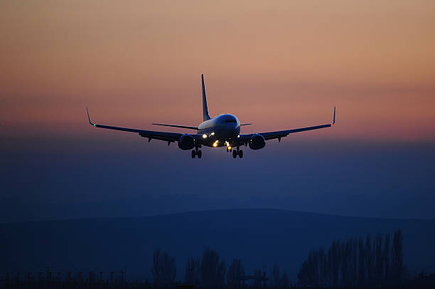 istock Airplane Landing at Sunset 521069511