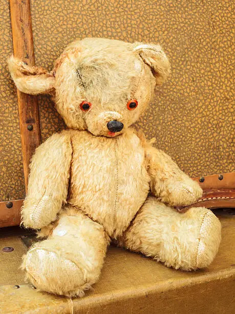 Photo of Vintage teddy bear with old suitcases