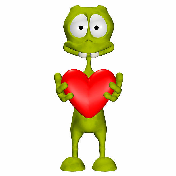 Illustration of a green alien holding a heart stock photo