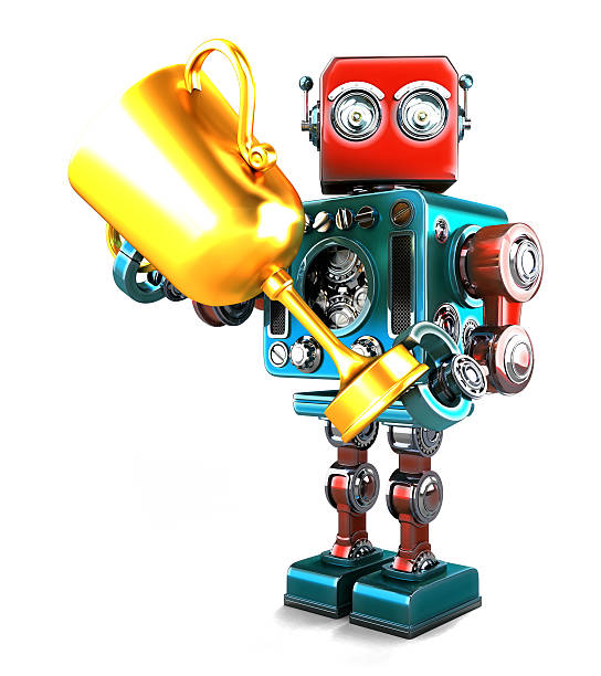 istock Vintage Robot holding a trophy. Isolated. Contains clipping path 521074900