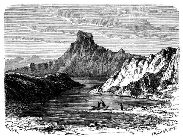 앤틱형 일러스트 바이칼 호수 - mountain engraving drawing illustration and painting stock illustrations