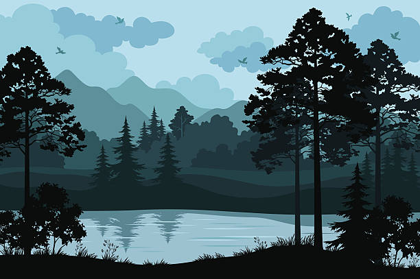 ilustrações, clipart, desenhos animados e ícones de montanhas, as árvores e o rio - lake