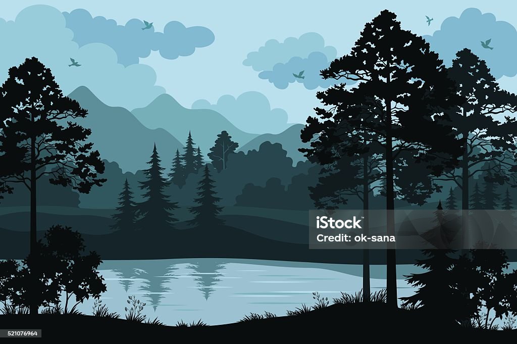 Mountains, Trees and River Evening Forest Landscape, Silhouettes Pines and Fir Trees, Bushes, Grass on the Mountain River Bank and Cloudy Sky with Birds. Vector Lake stock vector