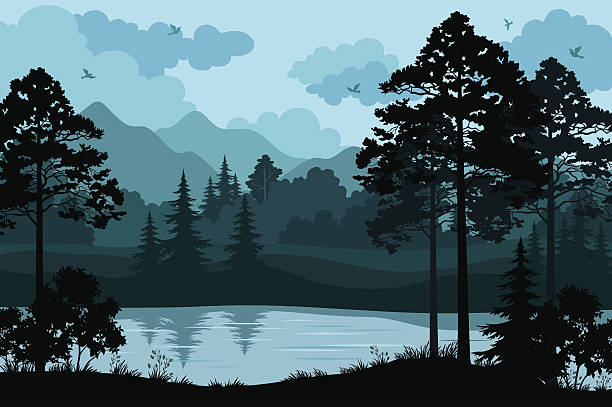 Mountains, Trees and River Evening Forest Landscape, Silhouettes Pines and Fir Trees, Bushes, Grass on the Mountain River Bank and Cloudy Sky with Birds. Vector lakes stock illustrations