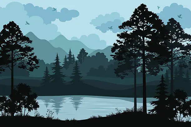 Vector illustration of Mountains, Trees and River