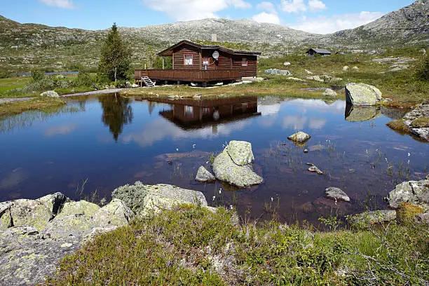 Mountain lake with cabin in Norway