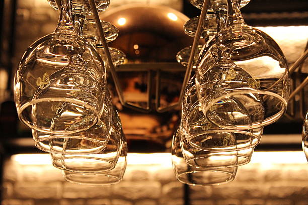 Glasses hanging above the bar counter