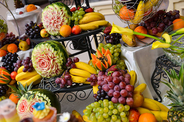 istock Different type of fruits on table, wedding day 521077504