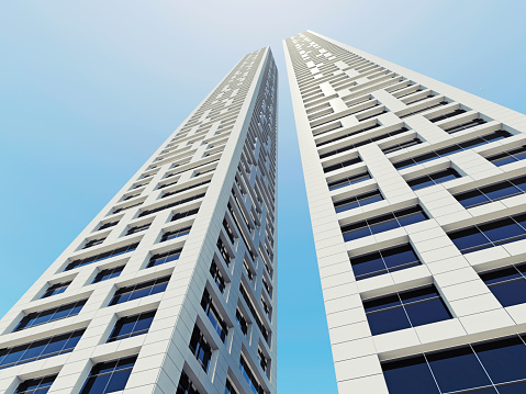 Abstract modern architecture. Two white office towers perspective on blue sky background. 3d render illustration