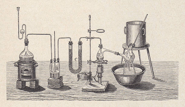 chemie labor in der vergangenheit, holz-gravur, veröffentlichte im 1880 - laboratory equipment illustrations stock-grafiken, -clipart, -cartoons und -symbole