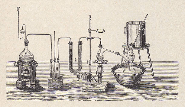 ilustrações de stock, clip art, desenhos animados e ícones de laboratório de química no passado, madeira, publicada em 1880 (kit 1 - laboratory equipment illustrations