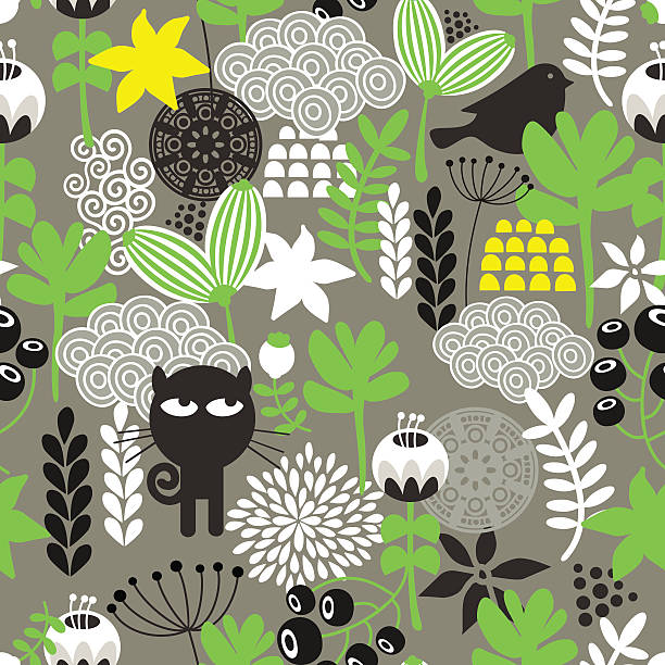 Spring time seamless pattern with cute hunter cat and bird. Spring time seamless pattern with cute hunter cat and bird. Vector repeated background. tree repetition single flower flower stock illustrations