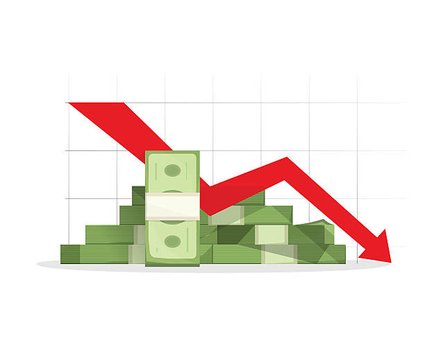 自動現金レッドの不況のグラフ、下向き矢印 - moving down dollar decline graph点のイラスト素材／クリップアート素材／マンガ素材／アイコン素材