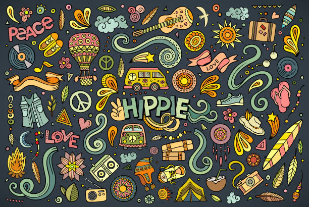 Colorful set of hippie objects vector art illustration